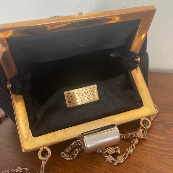 Carla Marchi Vintage Pleated/Crinkle Evening Bag Black gold tone Byzantine Chain - Picture 7 of 9